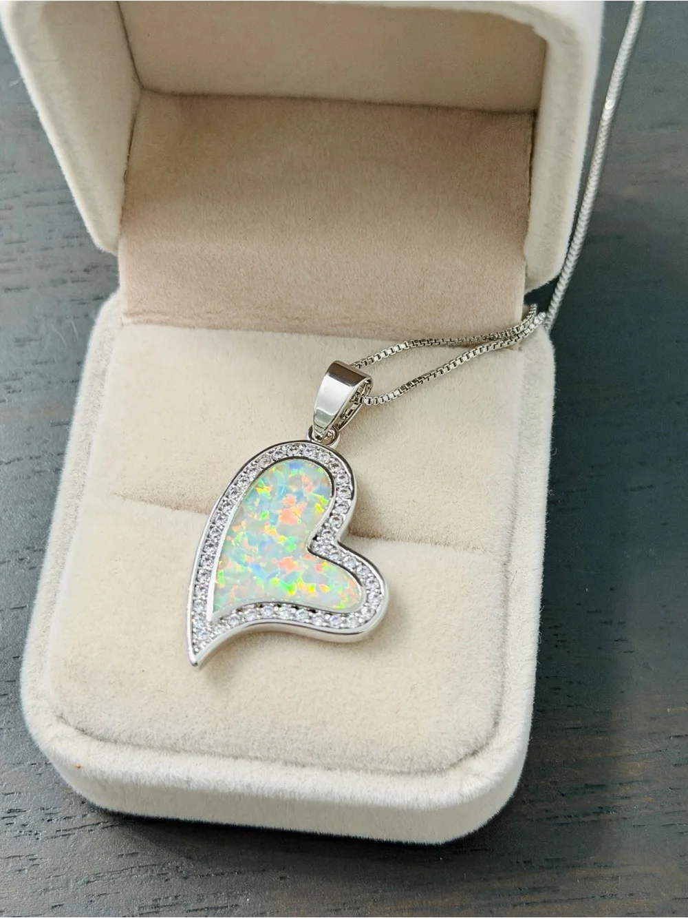 Sterling Silver Heart Opal Pendant Necklace - White Opal